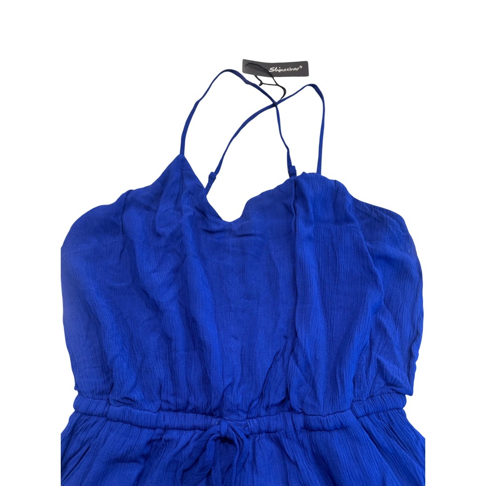 Shinestar Royal Blue Crochet Lace Trim Romper Womens Medium HD5325S Pockets NEW - Picture 8 of 12